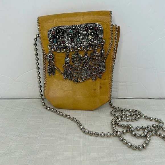 Nina Arjani Leatherock Leather Purse Turquoise Stones and silver Beaded Trim - Picture 1 of 8
